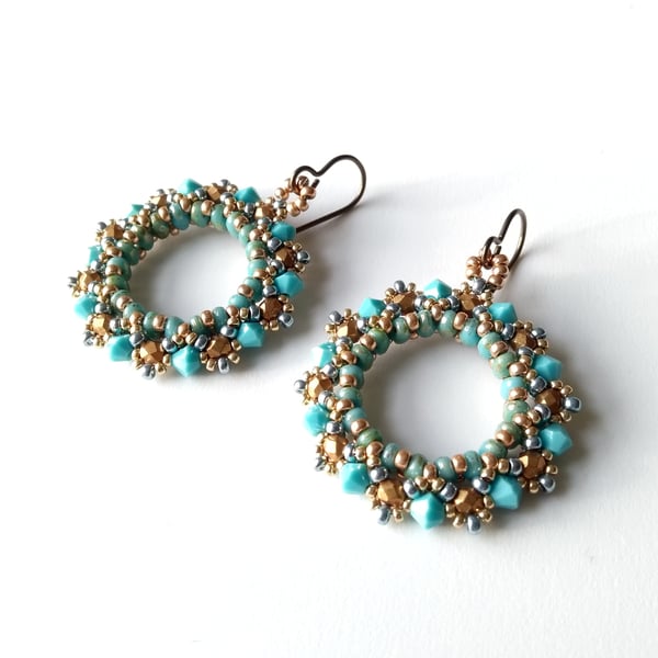 Hoop Earrings in Turquoise, Blue and Gold