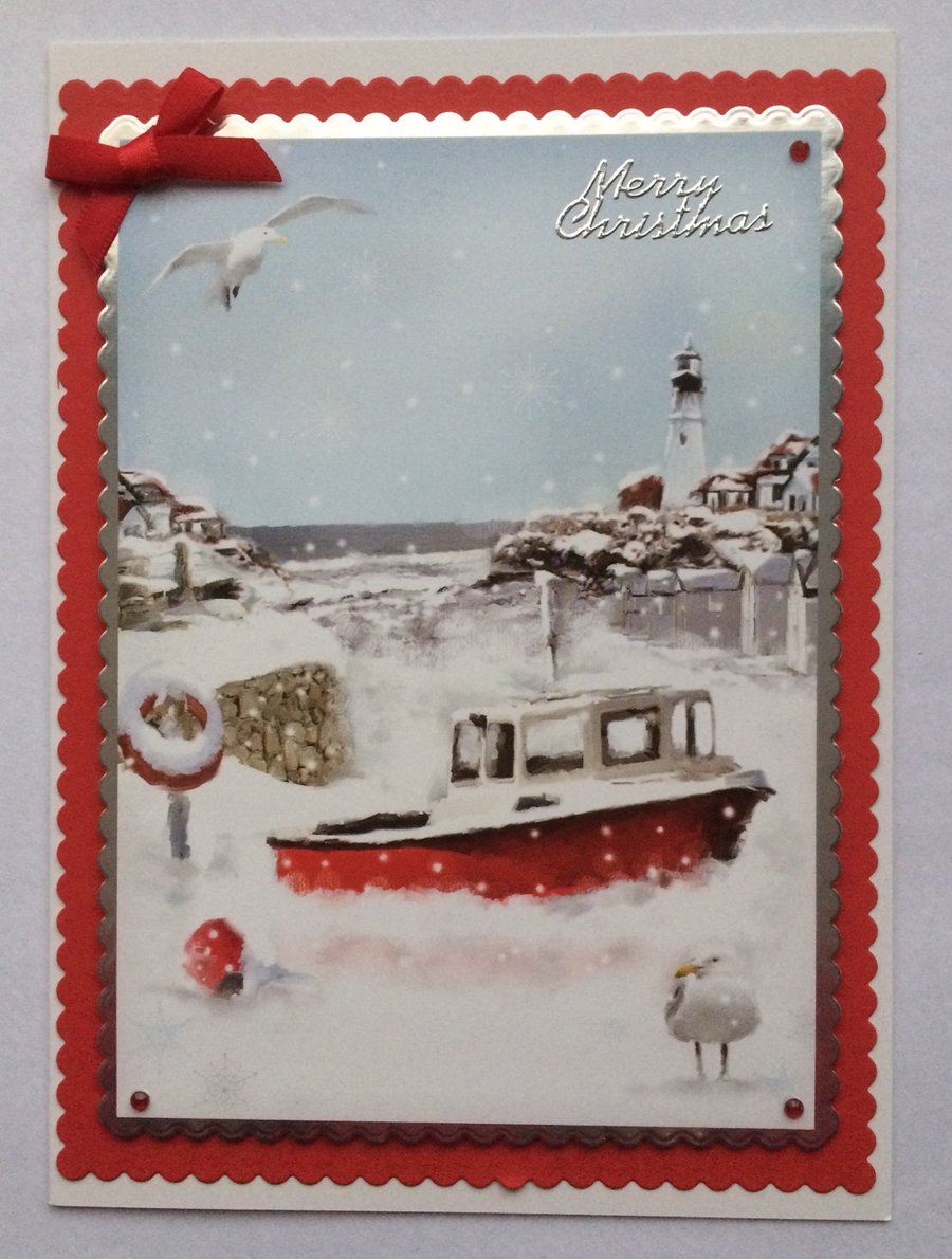 Handmade Christmas Card Vintage Snowy Fishing Village Boat Lighthouse