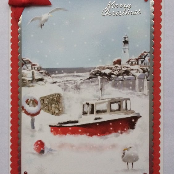 Handmade Christmas Card Vintage Snowy Fishing Village Boat Lighthouse