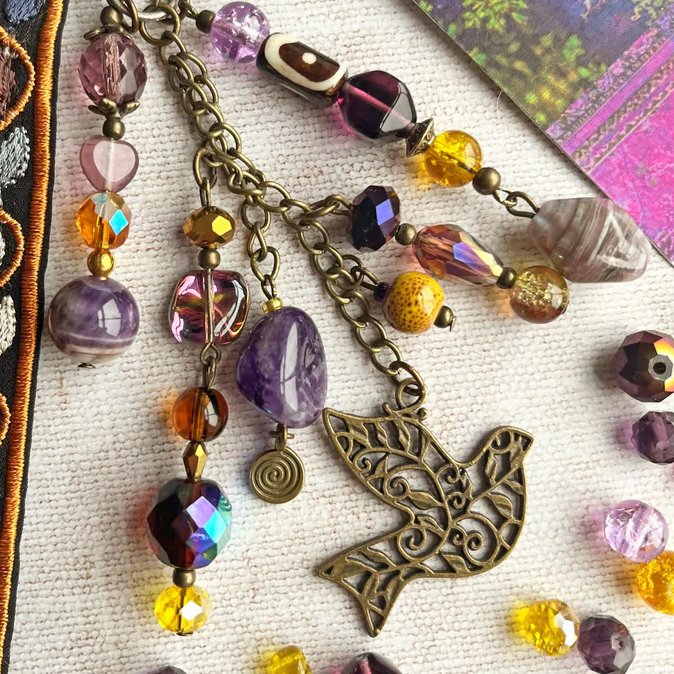Amethyst bag charm, February birthstone, boho-glam handbag charm, purse charm
