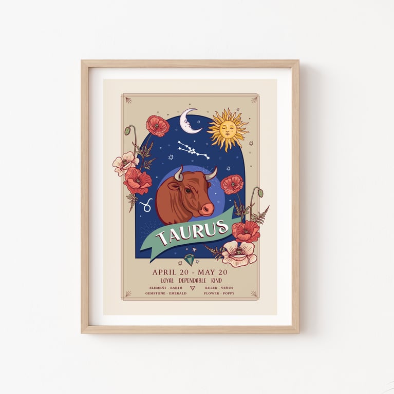 Taurus Floral Illustration Wall Art Print