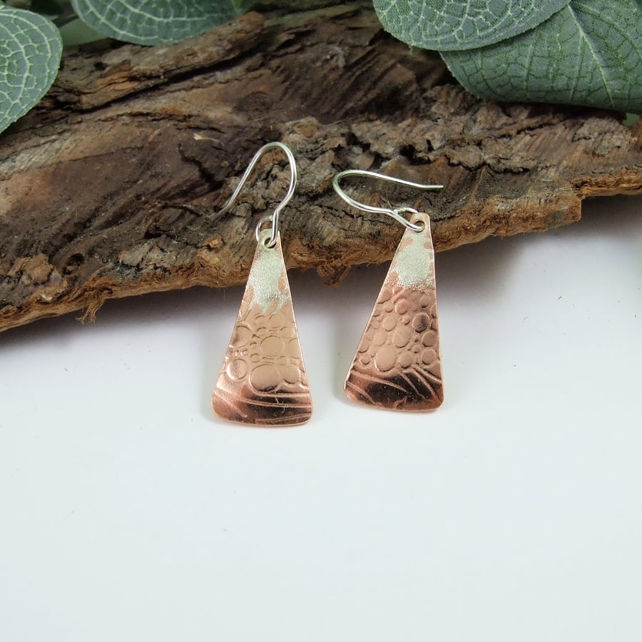 Earrings, Sterling Silver and Copper Patterned Triangle Droppers