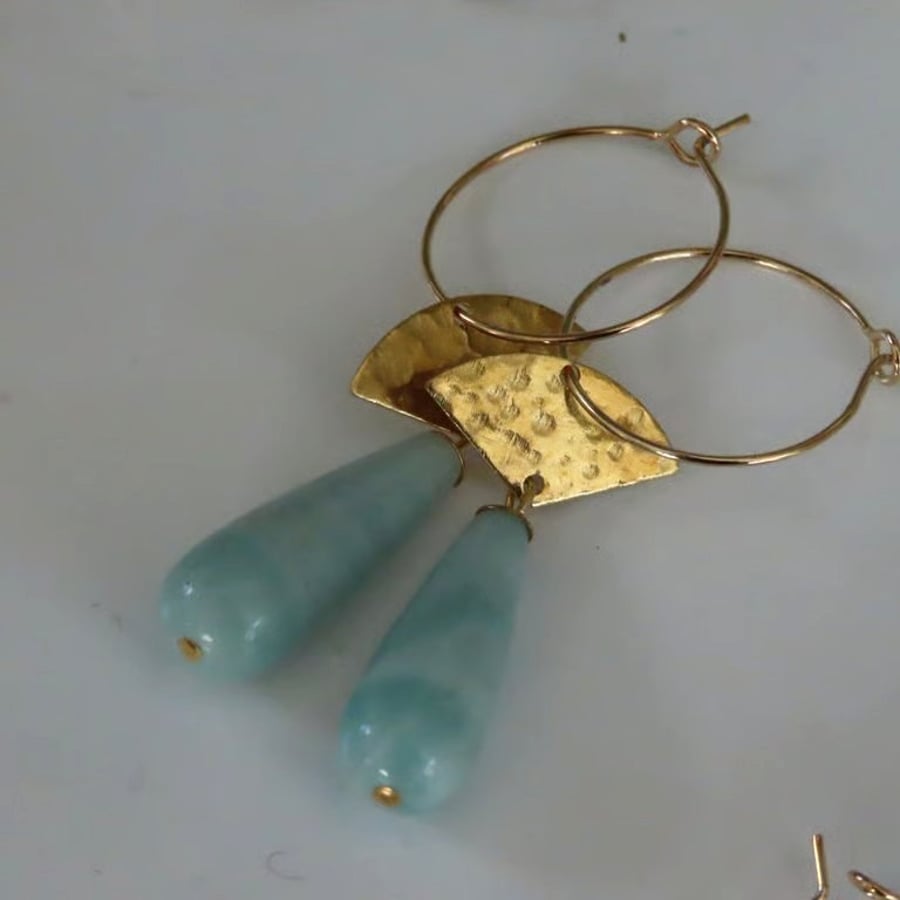 Amazonite Statement Earrings Long Drops Gold Detail on Gold Hoops Summer Dangles