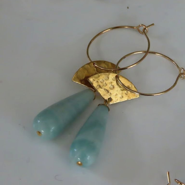 Amazonite Statement Earrings Long Drops Gold Detail on Gold Hoops Summer Dangles