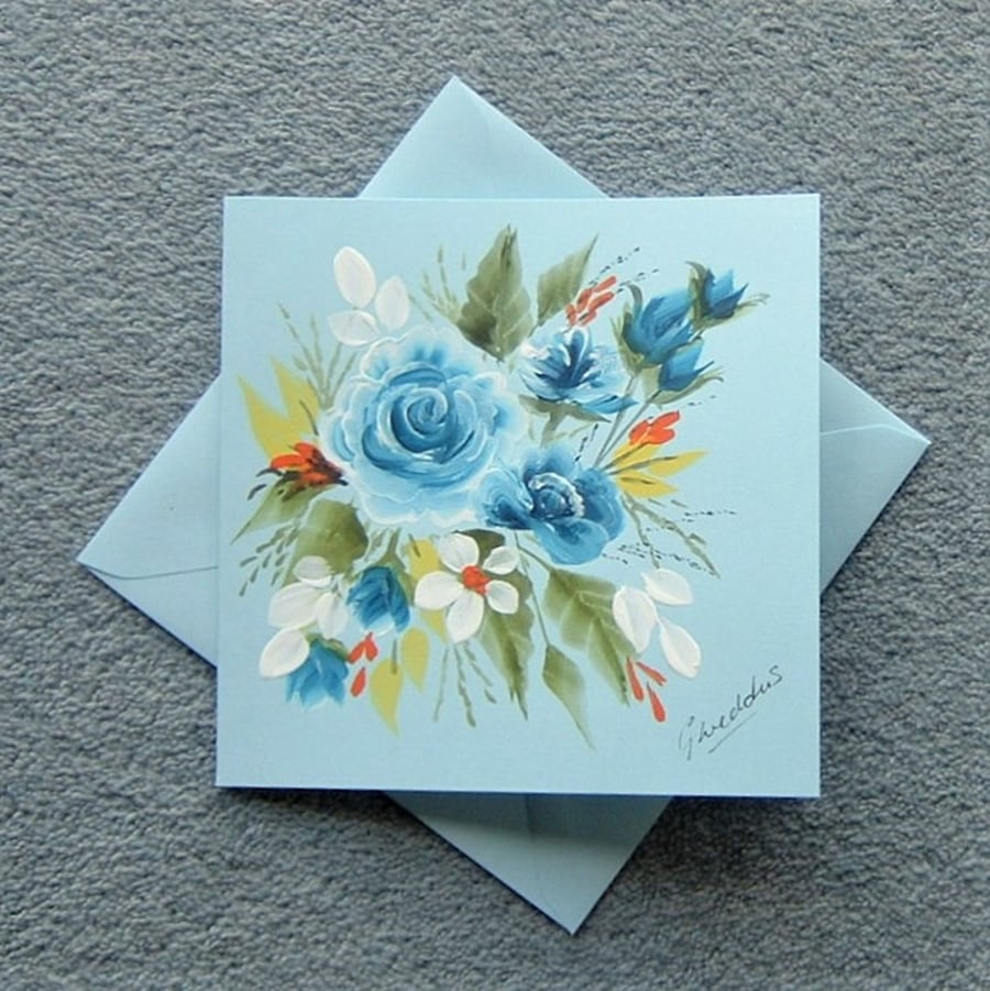 original hand painted acrylic roses floral blank greetings card ( ref F 194 )