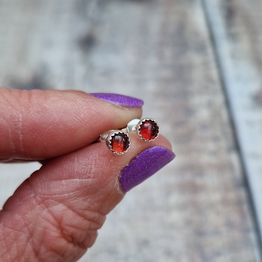 Small Red Garnet Gemstone and Sterling Silver Stud Earrings