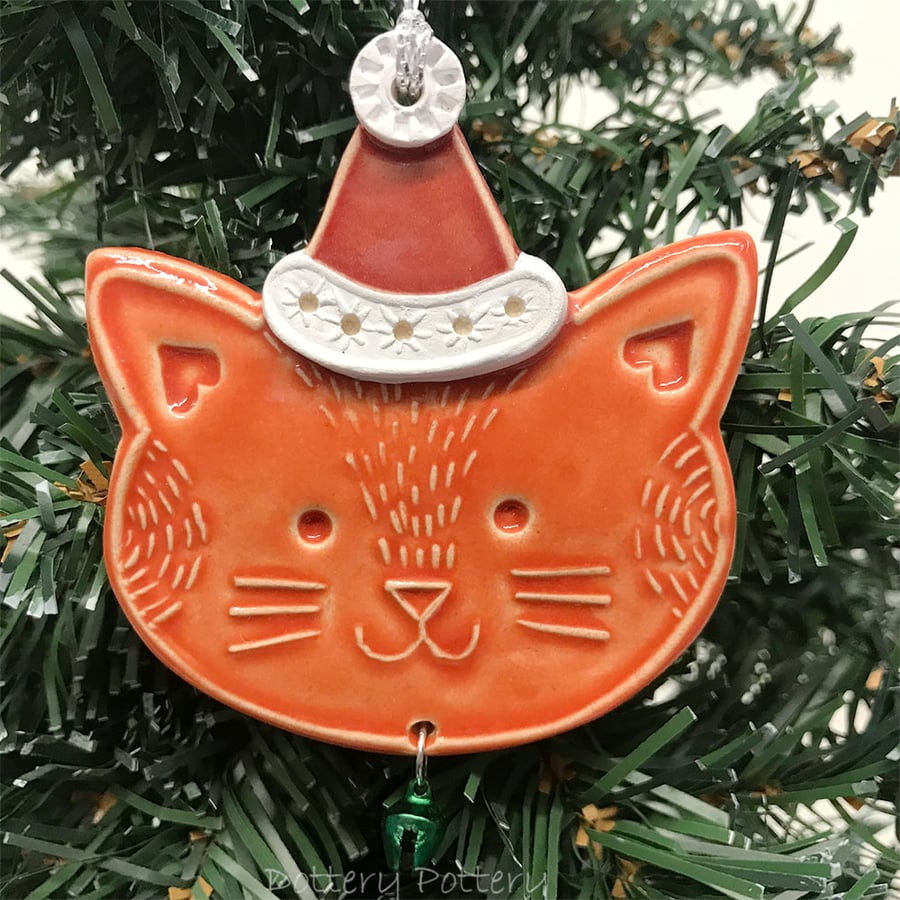 Ceramic Christmas Cat decoration with little bell (ginger)