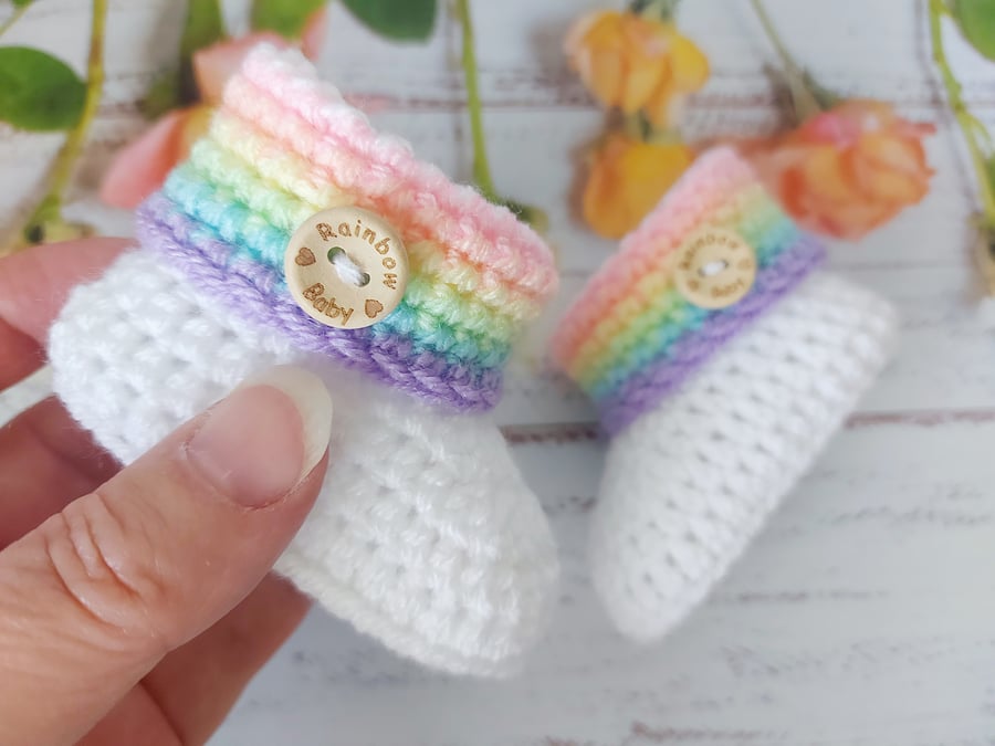 Rainbow Baby Booties, Rainbow Baby Wooden Button, Crochet Shower Gift Idea