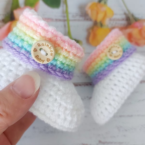 Rainbow Baby Booties, Rainbow Baby Wooden Button, Crochet Shower Gift Idea