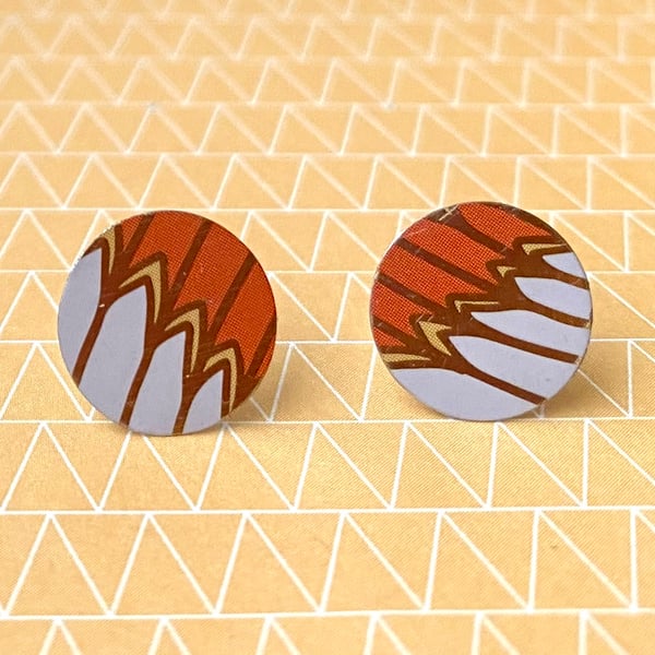 Recycled tin orange and white feather pattern disc studs