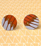 Recycled tin orange and white feather pattern disc studs - Image 1