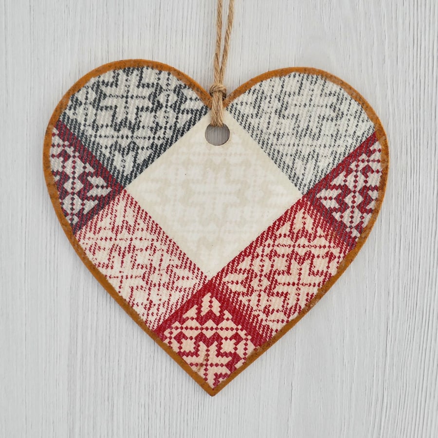 Decoupaged Wooden Hanging Heart: Red & Grey Diamond design 6” (15cm)