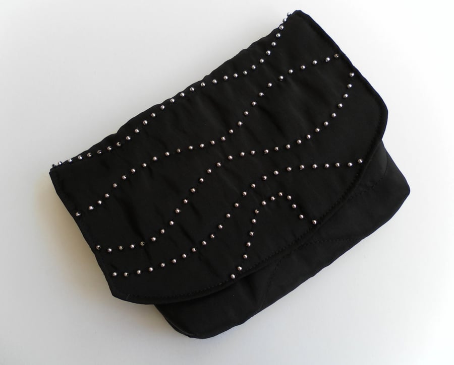  Beautiful Black Satin Clutch Bag with Silver Beading, Party, Evening, 