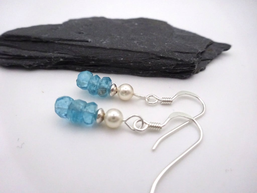 Ocean apatite and pearl gemstone earrings