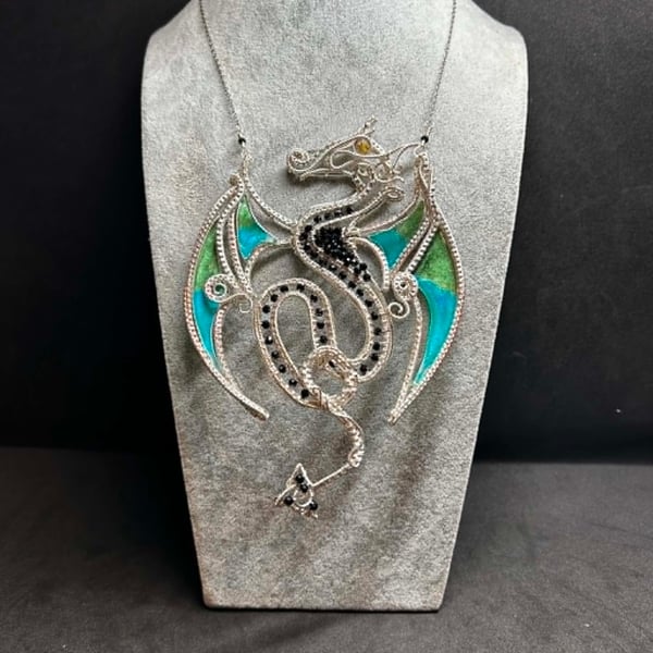 Draco handmade wire wrapped dragon pendant with Black Spinel Gemstones