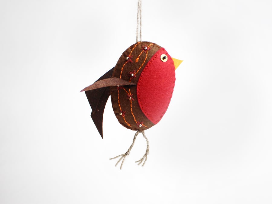 Robin - a brown and red felt hand embroidered hanging ornament 