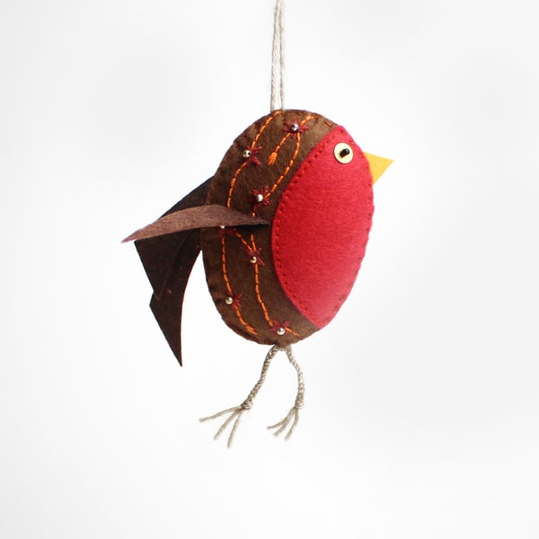 Robin - a brown and red felt hand embroidered hanging ornament 