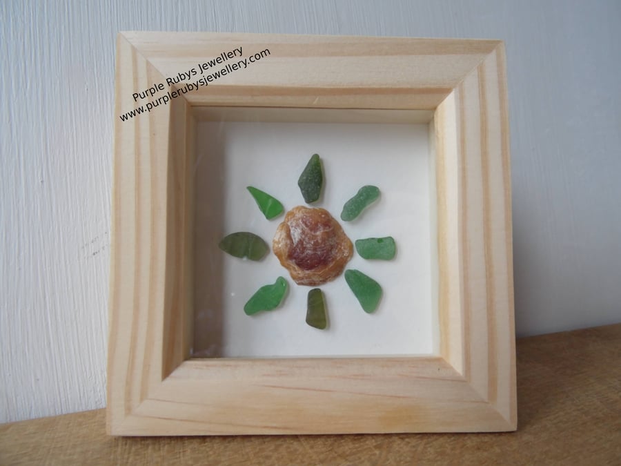 Green Cornish Sea Glass & Purple Oyster Shell Flower Picture P116