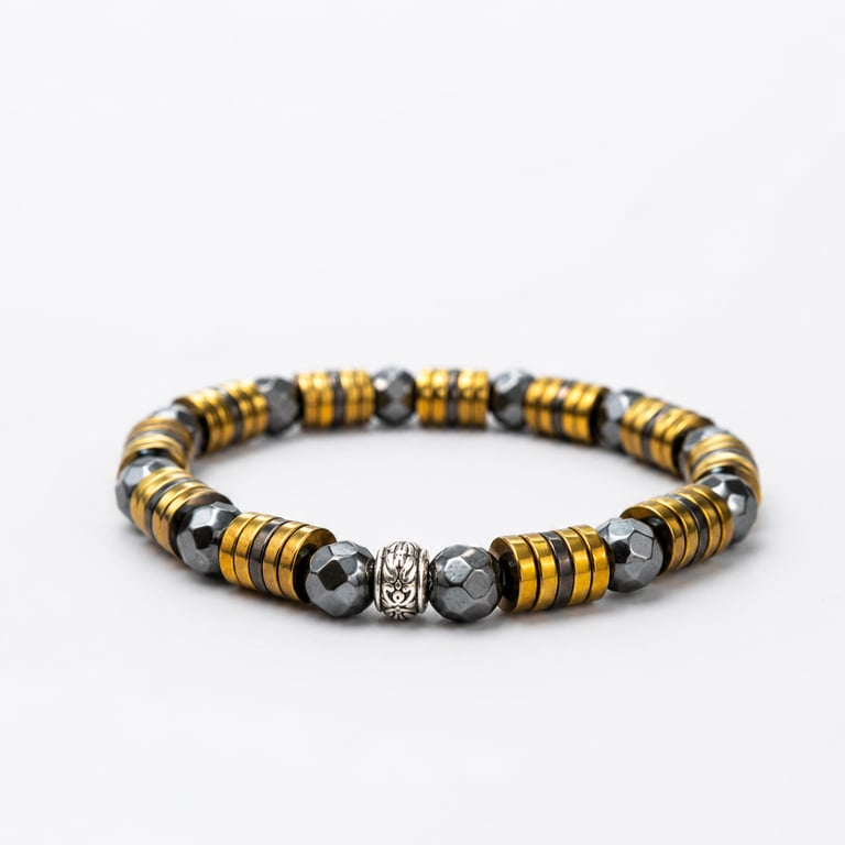 Luxury Men’s Faceted Hematite Bracelet with Gold-Tone Spacers – 8mm Beads, 19cm,