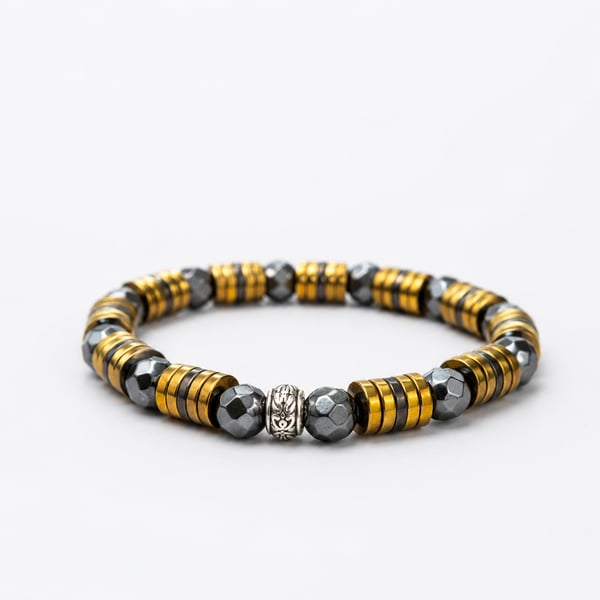Luxury Men’s Faceted Hematite Bracelet with Gold-Tone Spacers – 8mm Beads, 19cm,