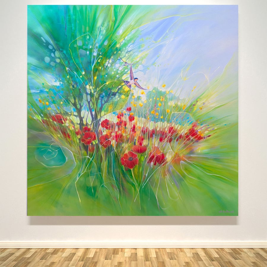 Summer Harbingers is a joyful painting about poppies and swallows in a meadow