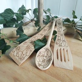 Three pyrography mistletoe wooden kitchen utensils