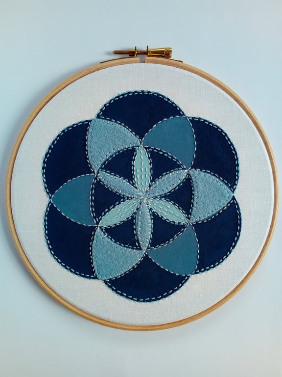 Geometric Textile Hoop Art - Blue