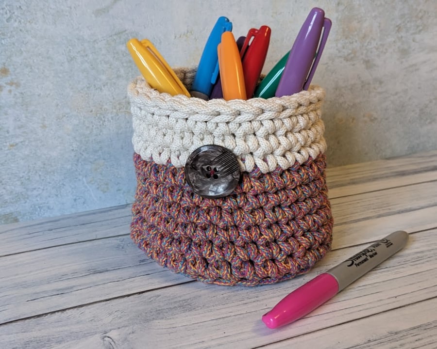 Crochet container, plant pot cover, new home gift, desk tidy, recycled