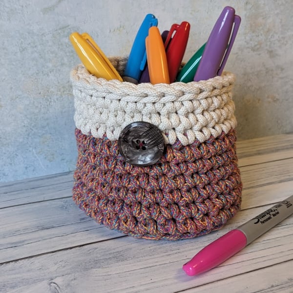 Crochet container, plant pot cover, new home gift, desk tidy, recycled