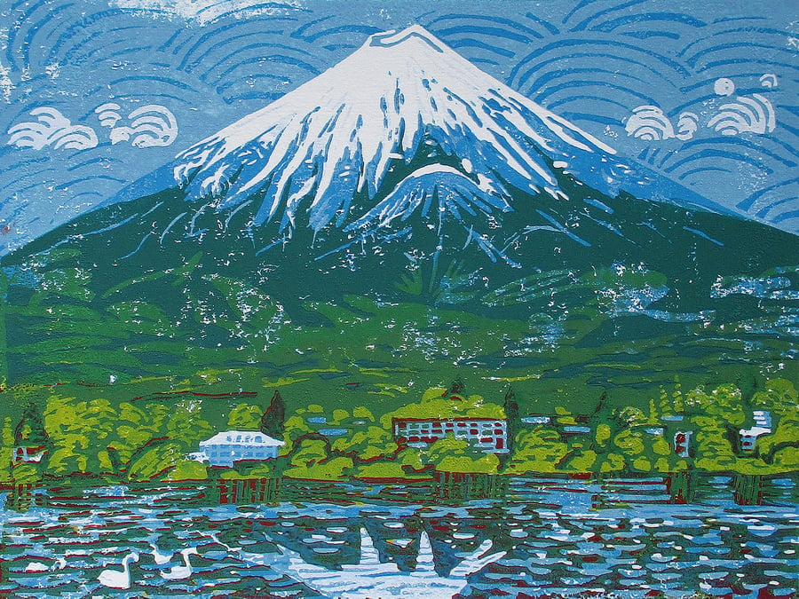 Mount Fuji, Japan Original Hand Pressed Linocut Print Ltd Edition