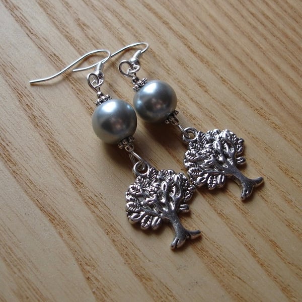 Silver Pearl Tree of Life Charm Bead Earrings Gift for Her Valentines