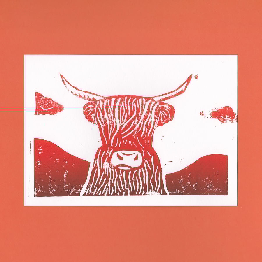 SECONDS - Orange Highland Cow – Original Handmade Lino Print
