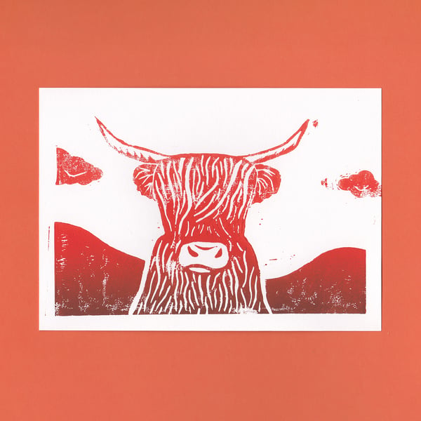 SECONDS - Orange Highland Cow – Original Handmade Lino Print