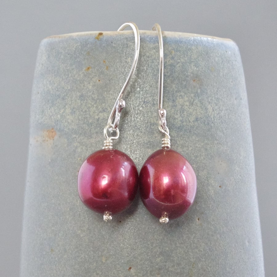 Cherry Plum Red Dyed Genuine Freshwater Pearl and Sterling Silver Drop Earrings