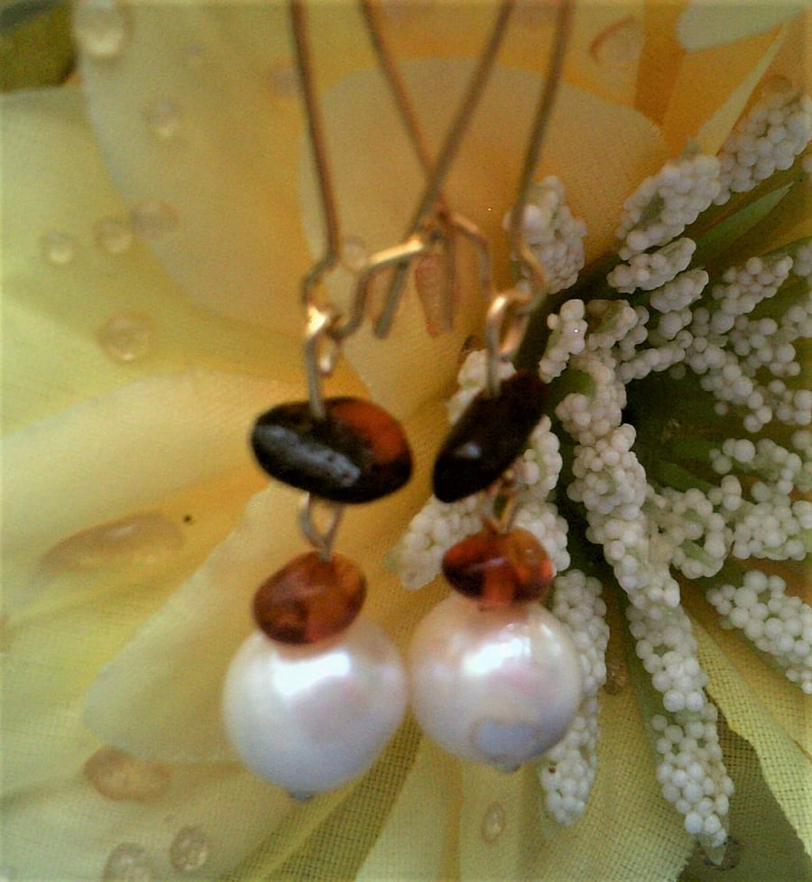 White Freshwater Pearls & Baltic Amber Earrings, Earrings for Women