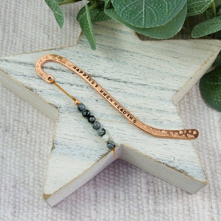 Bookmark, Forged and Stamped Copper, Snowflake Jasper and Agate