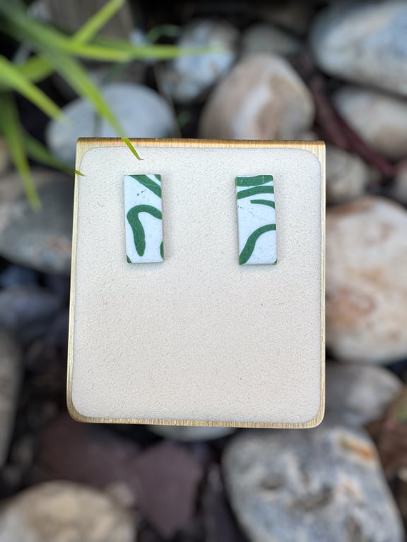 White and Green Rectangular Polymer clay Stud Earrings