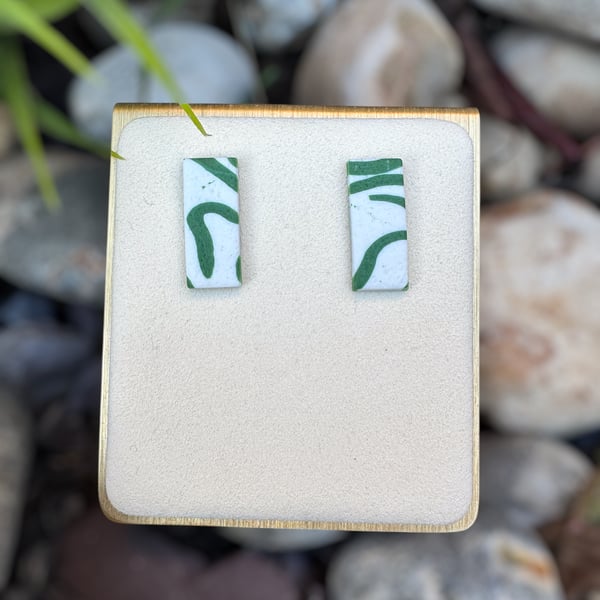 White and Green Rectangular Polymer clay Stud Earrings