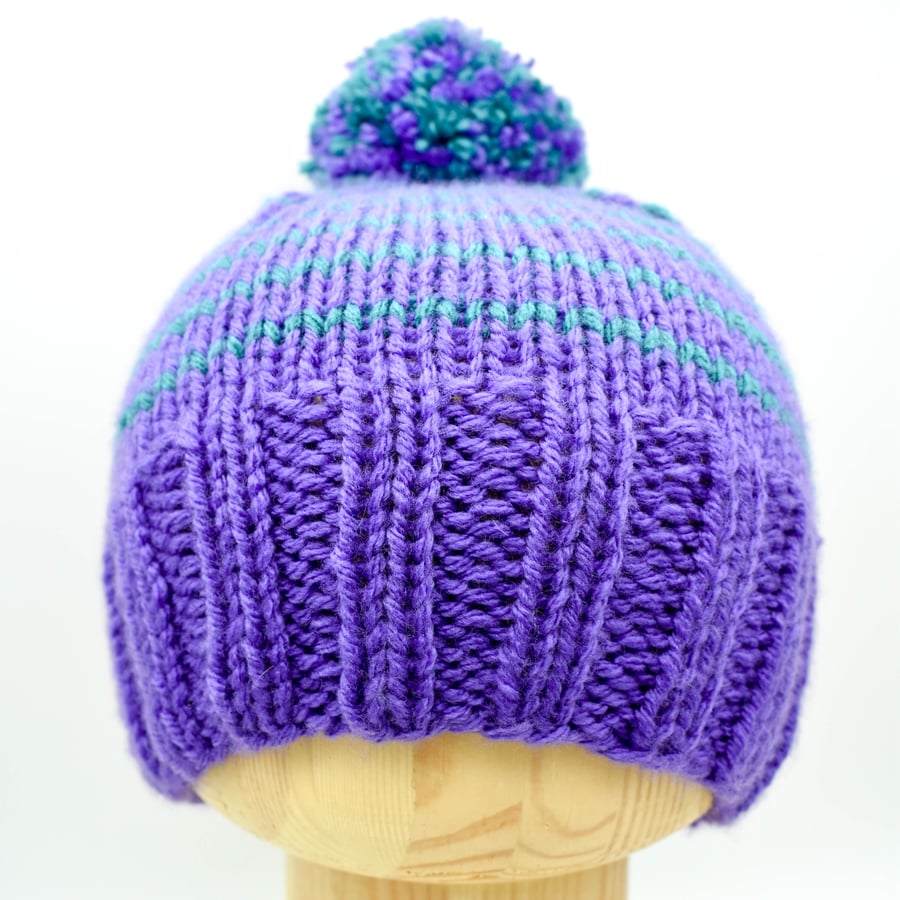 Hand knitted pompom hat in purple and green stripes - Seconds Sunday