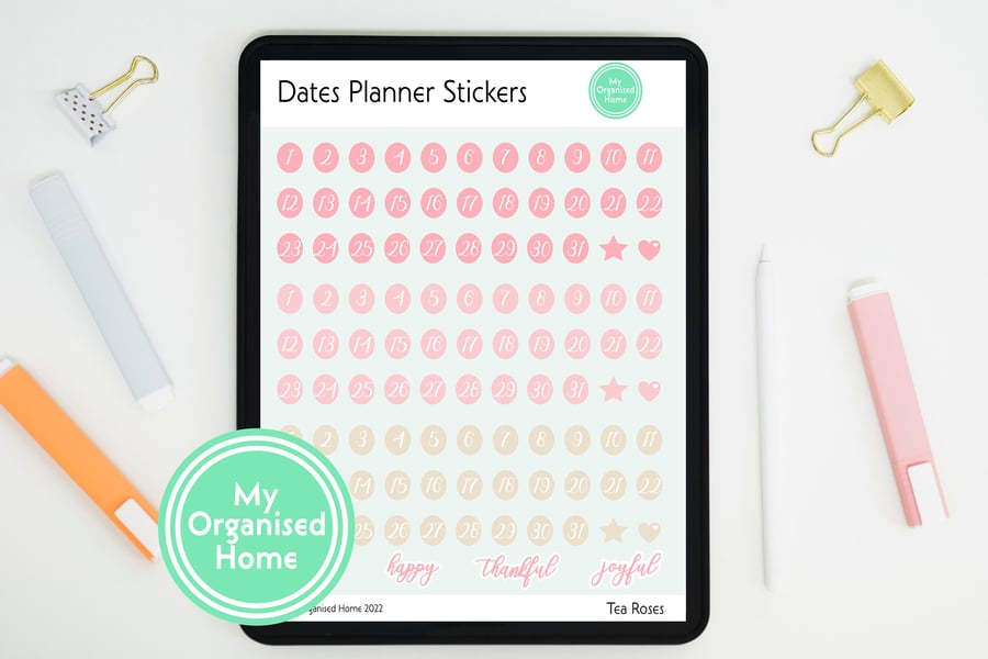 Dates Digital Planner Stickers - PNG & GoodNotes Elements file - Tea Roses