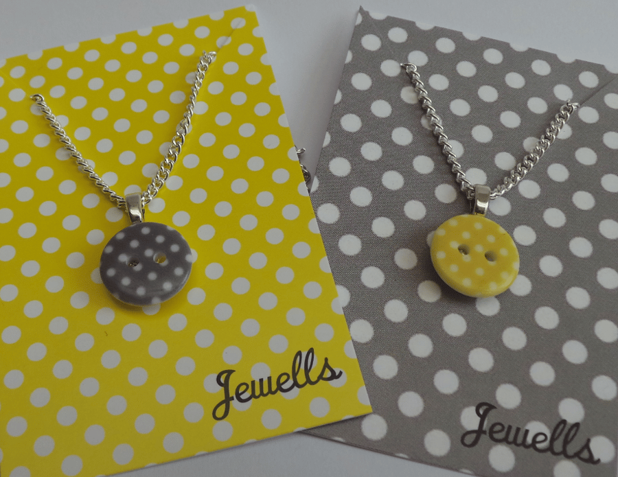 SALE Polka Dot Buttons Silver Plated Necklaces grey yellow