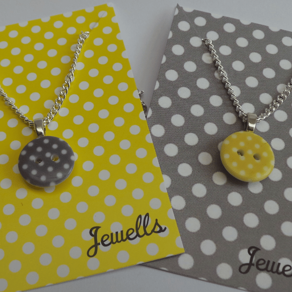 SALE Polka Dot Buttons Silver Plated Necklaces grey yellow