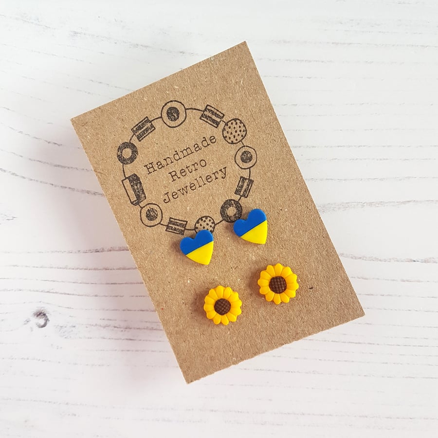 Ukraine flag hearts & sunflowers stud pack 50% OF SALES DONATED TO CHARITY