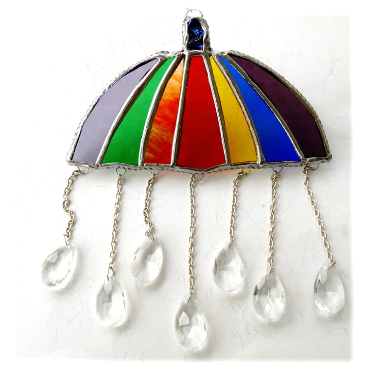 Umbrella Suncatcher Stained Glass Handmade Crystal Raindrops Rainbow