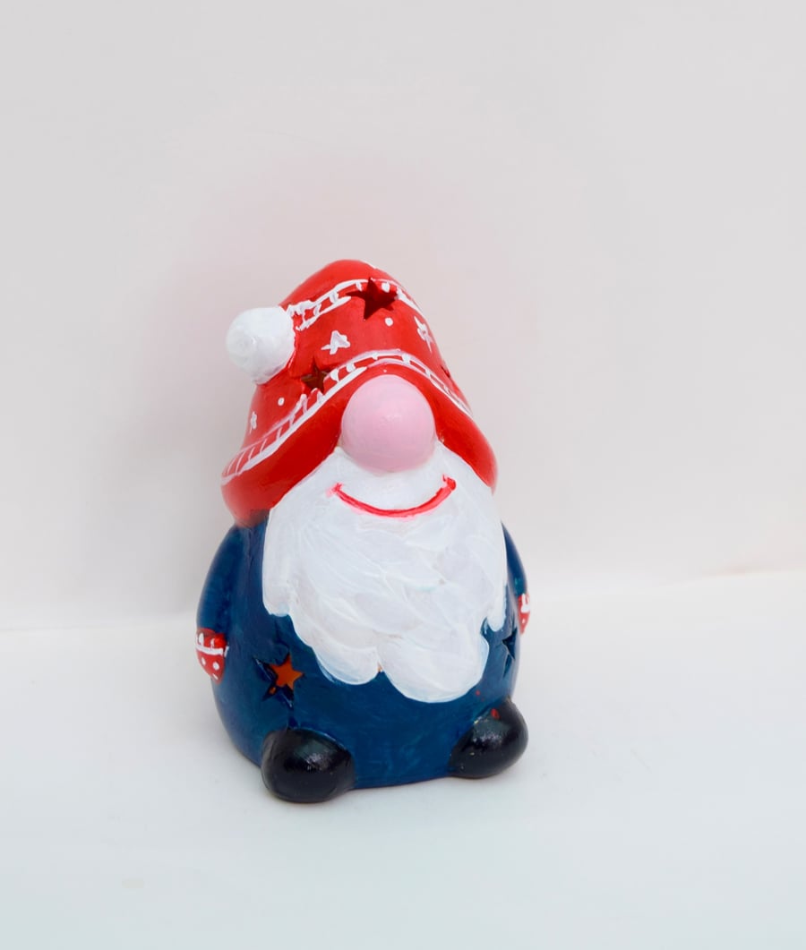 Hand-Painted Christmas Snome Tea Light Holder - Dark Blue Coat
