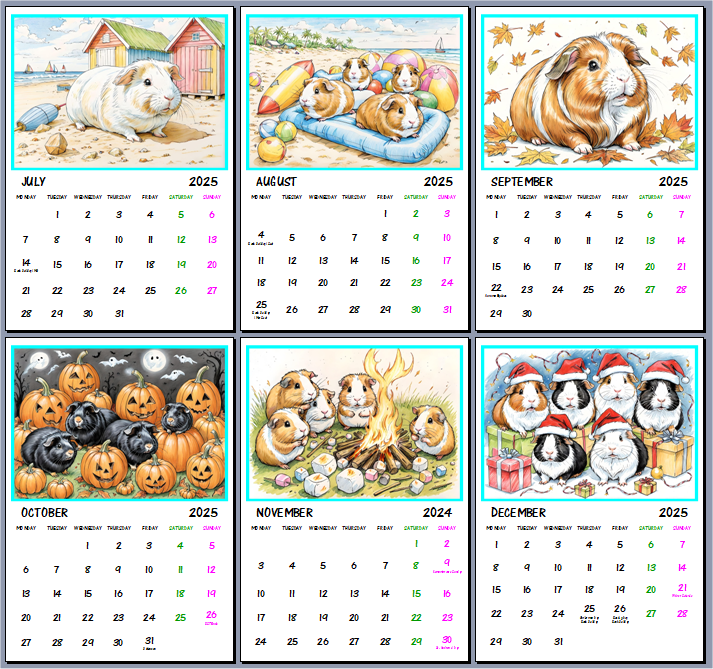 2025 A4 Cute Guinea Pigs Calendar Folksy