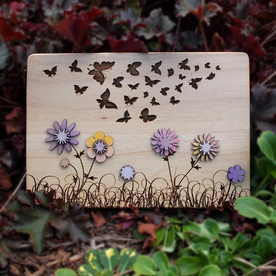 Laser Engraved Wooden Plaque - Butterflies and Flowers