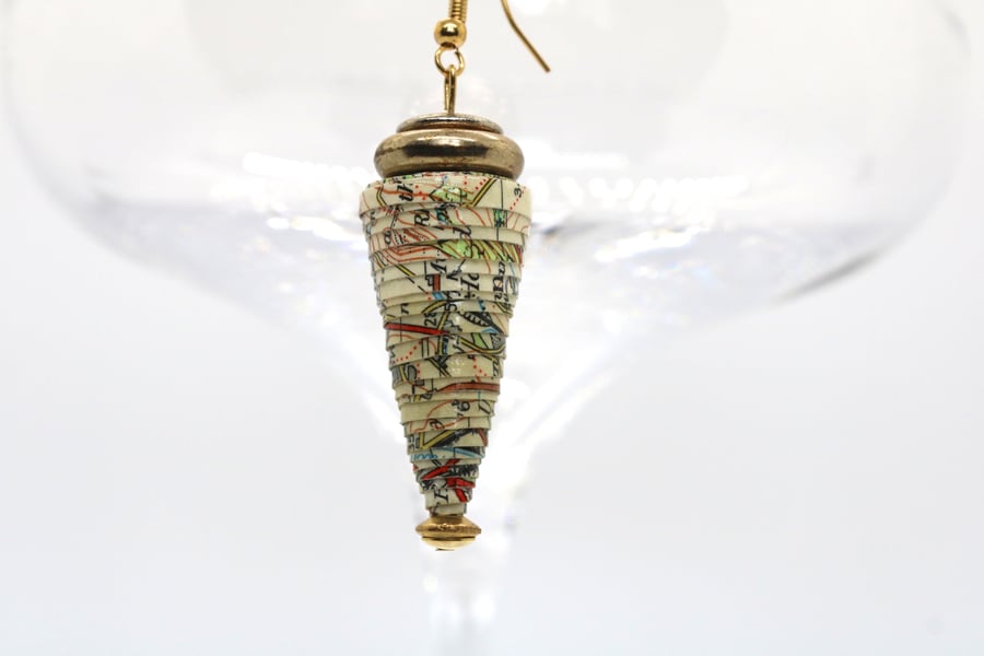 Conical paper beaded earrings made of an old OS map