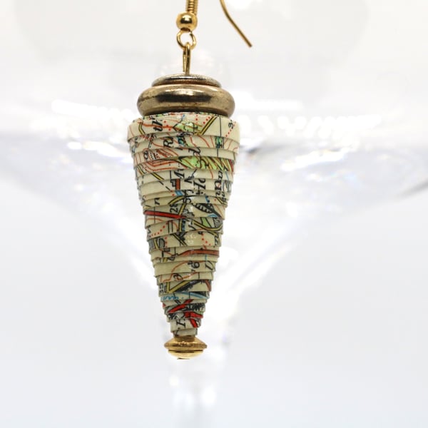 Conical paper beaded earrings made of an old OS map