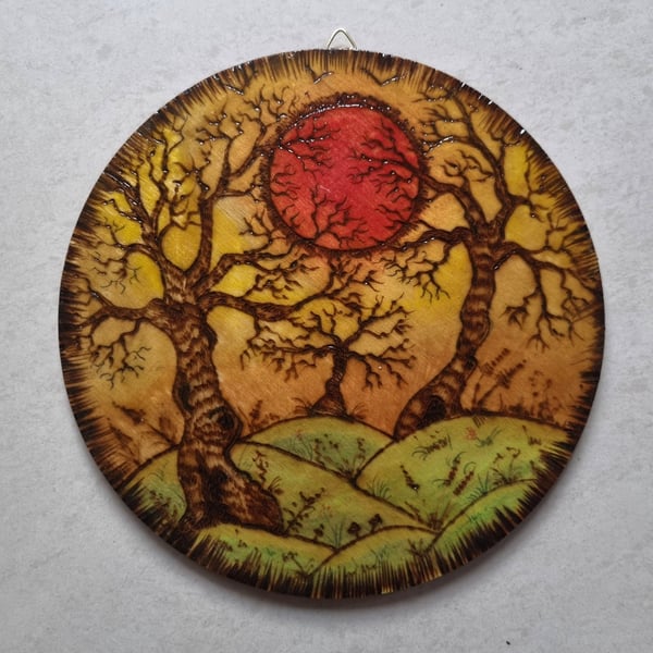 Enchanting English forest sunset, moody whimsical art, hand painted 18cm 